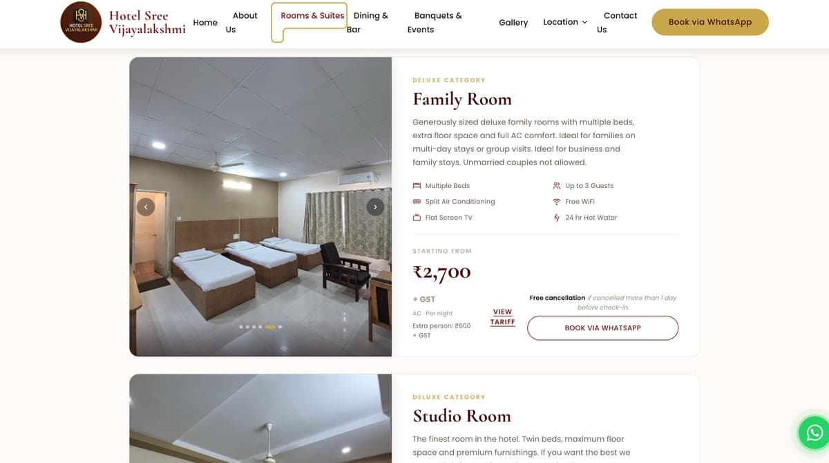 Rooms page of the hotel website